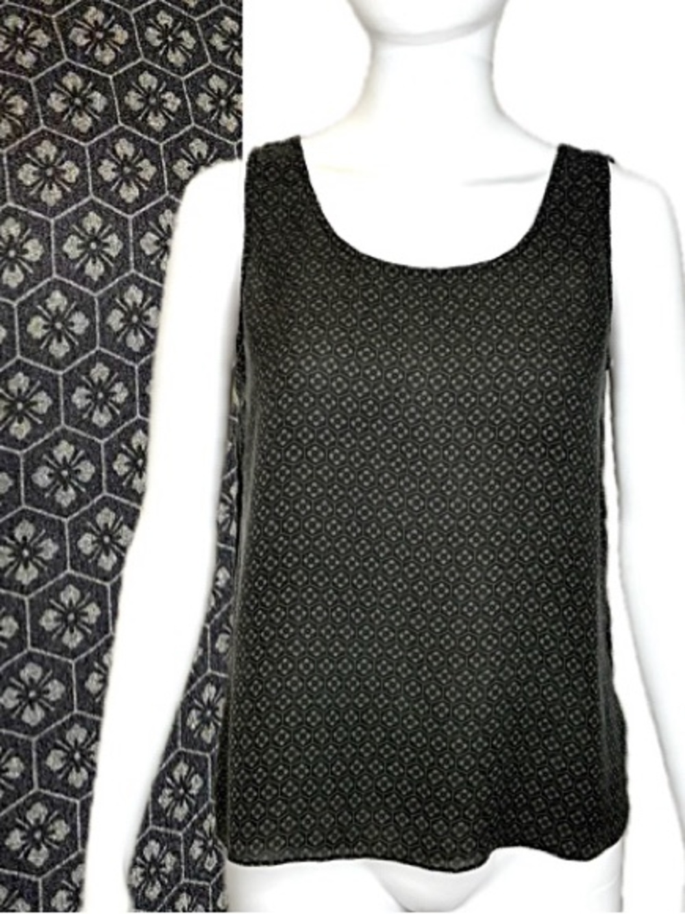 Harari 100% Silk Floral Geometric Patterned Tank Top Womens Size M Black Flowy